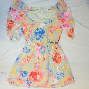 Margo & Sebastian Beige & Floral Mini Dress with Sleeves